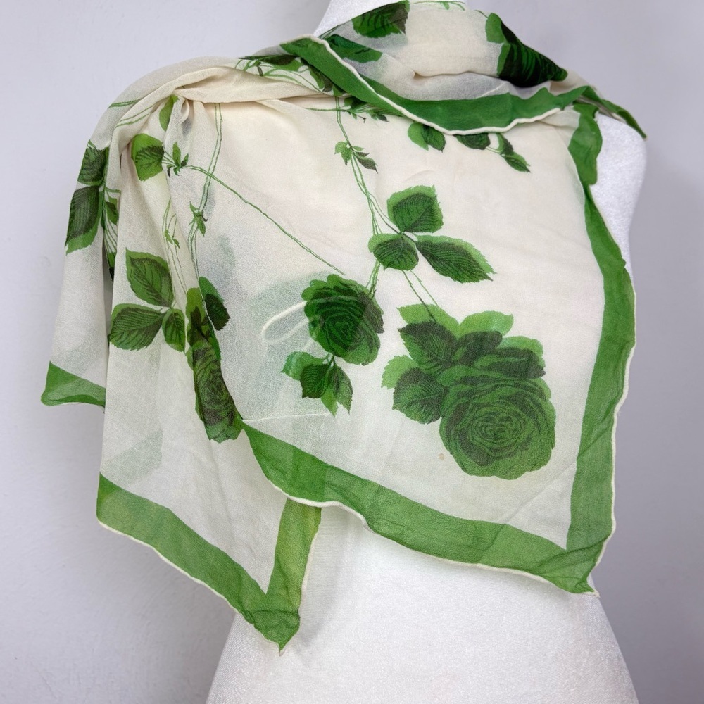 Vintage semi sheer, silky, crêpe, precious floral green rose printed scarf